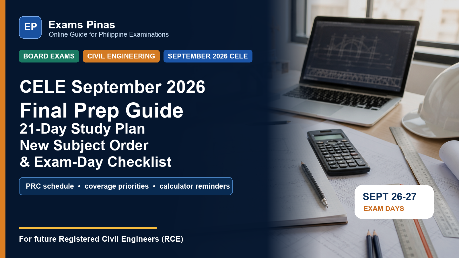 Readable CELE September 2026 final prep guide featured image with engineering study desk