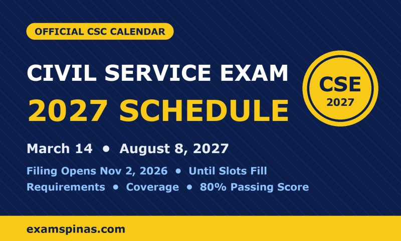 Civil Service Exam 2027 schedule: CSE-PPT on March 14 and August 8, 2027; filing opens November 2, 2026