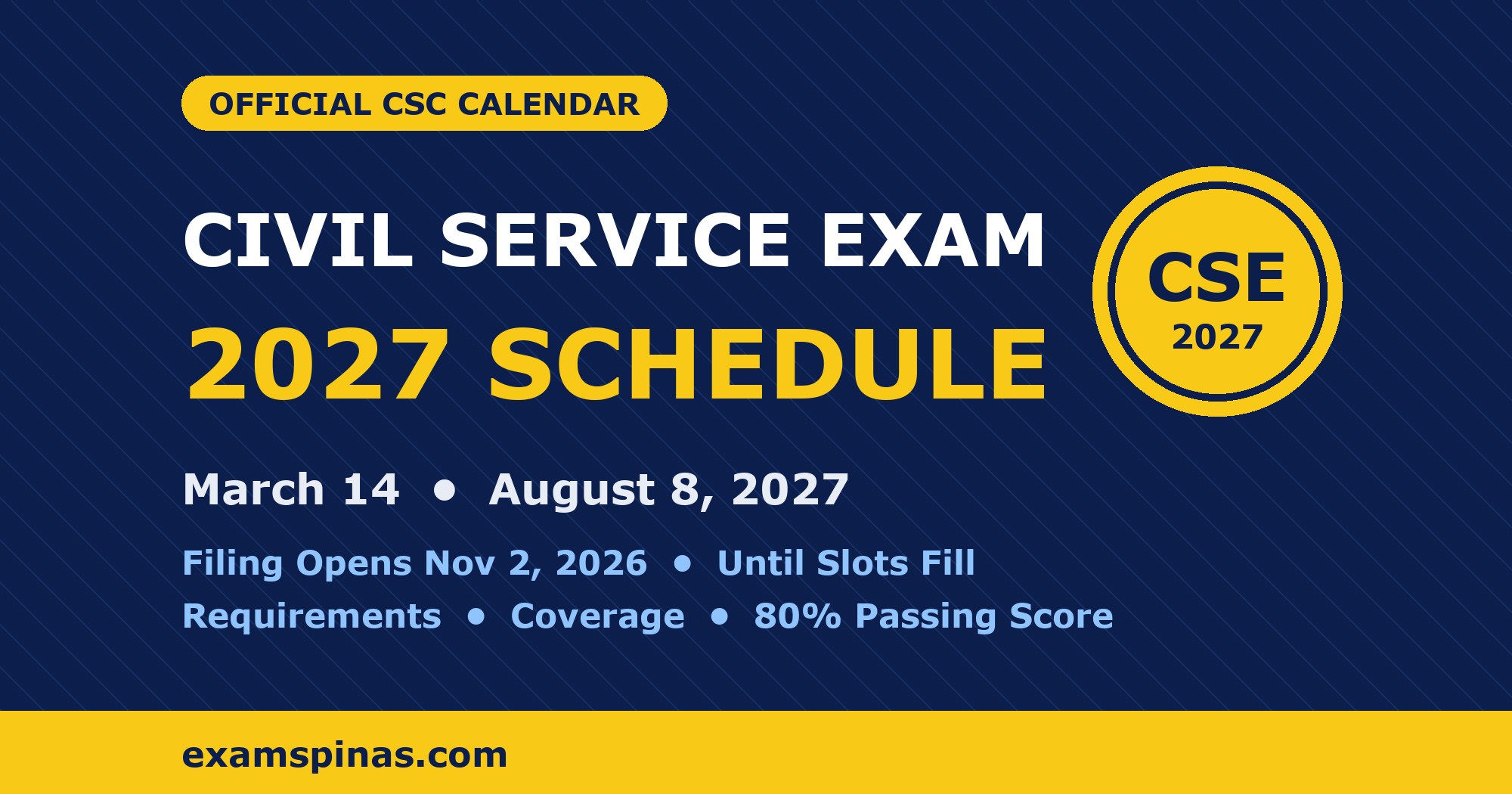 Civil Service Exam 2027 schedule: CSE-PPT on March 14 and August 8, 2027; filing opens November 2, 2026