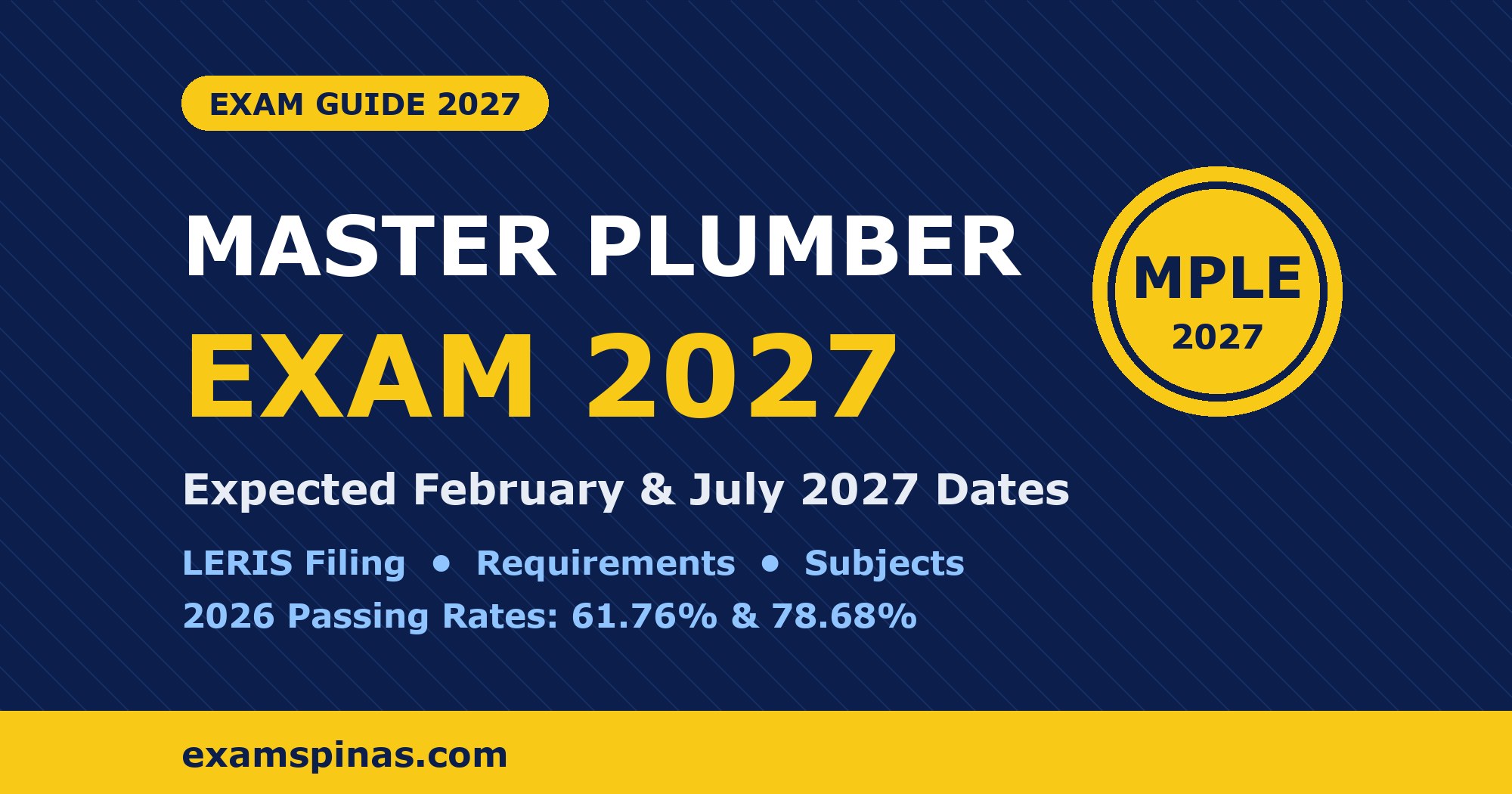 Master Plumber Exam 2027 (MPLE) schedule: expected February and July dates, filing, requirements and subjects